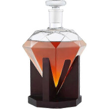 Carafe à whisky en verre avec couvercle, en forme de diamant, joint hermétique, 850 ml, support en bois