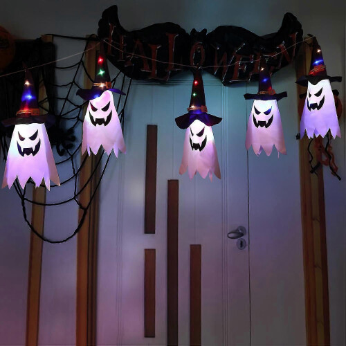 Halloween LED String Lights Ghost Design Battery Powered Waterproof 5 Pendants Polyester 2 Modes 1