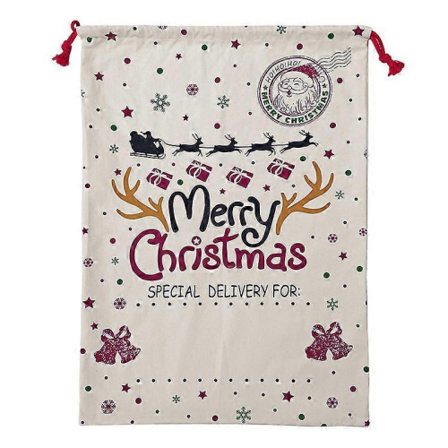 Extra Large Canvas Drawstring Bags with Christmas Reindeer Snowflake Print and Solid Back
