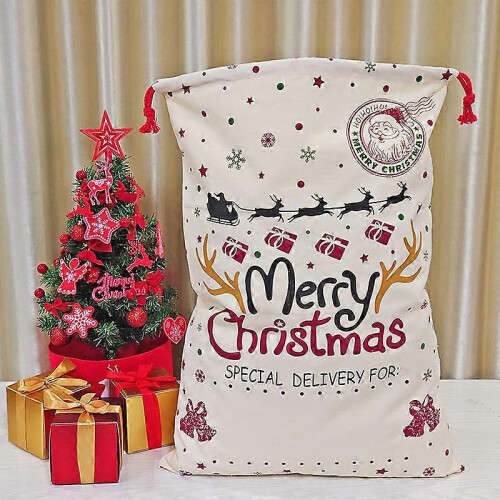 Extra Large Canvas Drawstring Bags with Christmas Reindeer Snowflake Print and Solid Back 1
