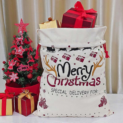 Extra Large Canvas Drawstring Bags with Christmas Reindeer Snowflake Print and Solid Back 2