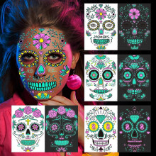Temporary Tattoos, Glow in the Dark Skull Full Face, Day of the Dead Neon, 4 Sheets