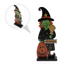 Wooden Halloween Ornament Color Printed Desktop Pumpkin Witch Decoration for Party