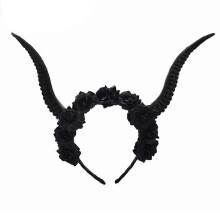 Sheep Horn Hair Hoop Flower Headband, Plastic Resin Halloween Party Accessory, Elastic One Size, 18cm Horn Length