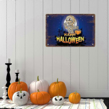 Halloweenowy znak blaszany Metalowa dekoracja ścienna w stylu vintage 12x8 cali niebieski