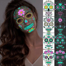 Temporary Tattoo Stickers 3D Glow in Dark Sugar Skull 4 Sheets Halloween for Adults and Kids