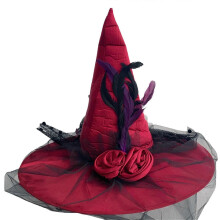 Witch Hat with Veil Tulle Halloween Costume Accessory Red Sheer Headwear for Masquerade Party