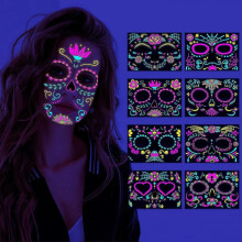 UV Glow Neon Temporary Face Tattoos, Glow in the Dark Day of the Dead Sugar Skull Stickers Halloween Makeup Decorations