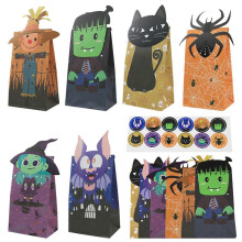 Sacs en papier kraft pour friandises Halloween, 24 pièces, 11,8x20,5x8,1 cm, motifs variés, résistants à l'huile
