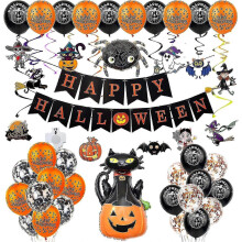 Halloween-Luftballons-Set 61-teilig – Folie und Latex mit Banner, Spinne, schwarzer Katze, hängenden Wirbeln