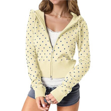 Women'S Cute Polka Dot Hoodie Y2k Zip Hoodies Jackets Cropped Sweatshirt Hooded Fall Tops Light Yellow M