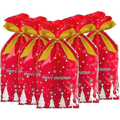 Sacos de doces de Natal 50 unidades de cordão de plástico vermelho branco árvore floco de neve 9,8 x 5,9 x 2,4 polegadas