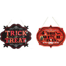 Halloween Wood Hanging Sign Trick or Treat Pumpkin Ghost The Witch Is In 2pcs 27x21.5cm Black Orange