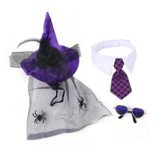 Súprava kostýmov pre domáce zvieratá Halloween čarodejnice Fialový klobúk so závojom, golier, kravata Slnečné okuliare pre mačky a psy