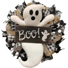 Couronne fantôme d'Halloween, décoration en tissu de 40cm pour manteau mural de porte d'entrée