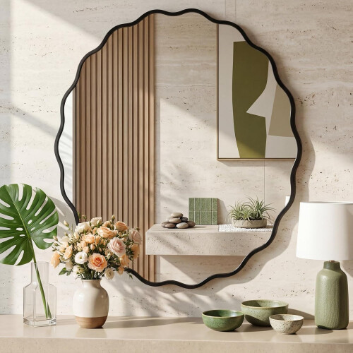 80cm Wavy Aluminum Edge Bathroom Wall Mirror Black