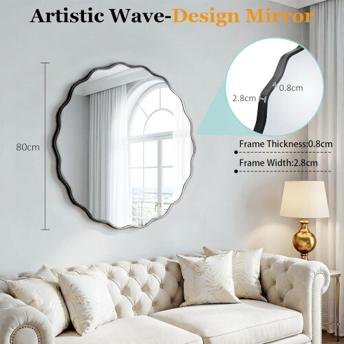 80cm Wavy Aluminum Edge Bathroom Wall Mirror Black 1