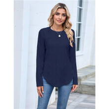 Womens Casual Long Sleeves Hollow Crew Neck Curved Hem T Shirt Trendy Back Button Decoration Loose Top Navy XXL