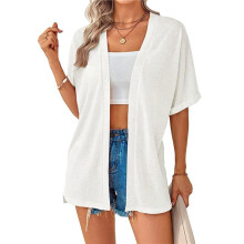 Women'S Short Sleeve Cardigan Summer Cardigan Casual Loose Beach Cover- Curved Hem White L