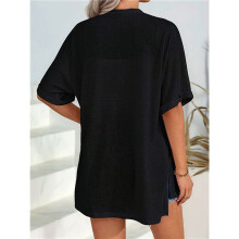 Women'S Short Sleeve Cardigan Summer Cardigan Casual Loose Beach Cover- Curved Hem Black L