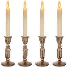Candlestick Holders for Taper Candles, Set of 4, Distressed Bronze PolyResin, 5.5 in, for Mantel Table