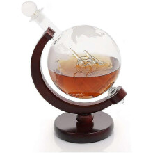 Carafe à Whisky Globe 850 ml - Verre soufflé bouche avec décor de voilier et support rotatif en bois