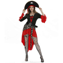 Womens Sexy Pirate Halloween Costume with Hat, Skirt, Belt & Fishnet Stockings, Milk Silk