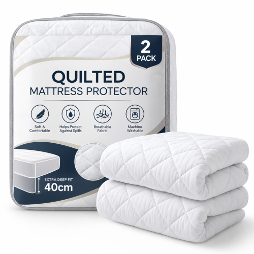 (Double) 2 Pack Quilted Mattress Protector With Extra 40cm Deep Pocket | All Sizes