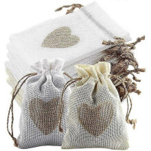 Sacs à cordon en toile avec motif cœur, 10x14cm, Beige blanc et blanc pur, 24 pièces