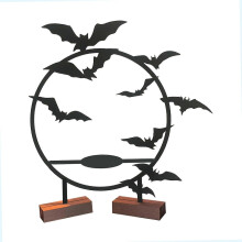 Suporte de vela em forma de morcego, base de madeira preta, peça central decorativa de Halloween para jantar assustador