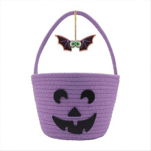 Panier d'Halloween pour enfants – Seau à bonbons en corde de coton Jack O Lantern avec breloque chauve-souris, léger