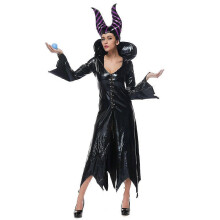 Fantasia de bruxa rainha preta, chapéu de listra roxa, peito único falso, PU, preto, tamanho F busto 88-100