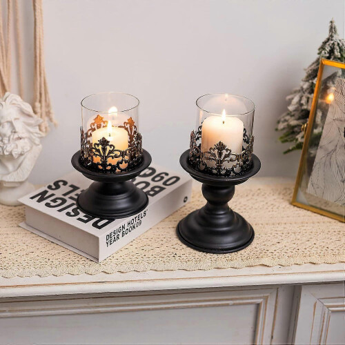 Pillar Candle Holder Set 2 Pack Distressed Black/White/Gold, Gothic Hurricane Candlestick Holders 1