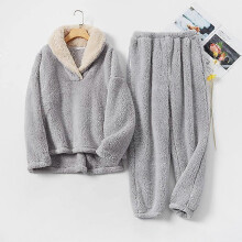 Women's Fluffy Fleece Pajama Set Soft Sleepwear Long Sleeve Pullover Winter Loungewear Grey