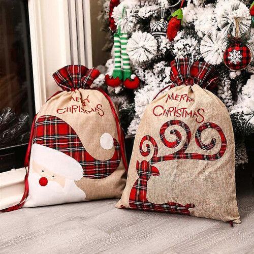 Pacote com 2 sacos de lona de Natal com cordão para doces e lembrancinhas