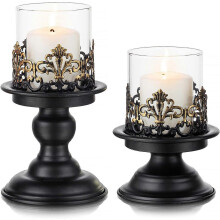 Pillar Candle Holder Set 2 Pack Distressed Black/White/Gold, Gothic Hurricane Candlestick Holders