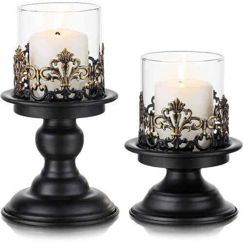 Pillar Candle Holder Set 2 Pack Distressed Black/White/Gold, Gothic Hurricane Candlestick Holders