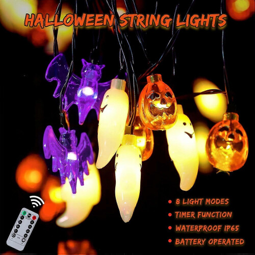 Halloween String Lights Battery Powered 20ft 30 LED Pumpkin Bat Ghost Timer 8 Modes Waterproof IP65 1