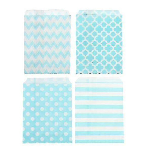 Paper Candy Bags 100 Pack - Light Blue, 4 Assorted Patterns for Candy Buffet, Party Supplies