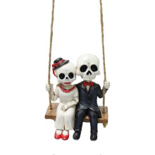 Lovers on Rope Swing Figurine Skeleton Bride and Groom Halloween Ornament Gothic Art Piece Resin