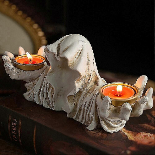 White Resin Ghost Wizard Candle Holder - Vintage Halloween Tabletop Candlestick Decor 2