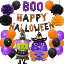 Halloween-Dekorationen, 27-teiliges Set – Girlande, Hexe, Eule, Papierblumen, Latexballons, Banner
