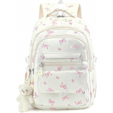 Sac à dos pour filles, idéal pour le lycée et l'université. Sac à dos esthétique avec nœud pour adolescentes et femmes, beige avec acce