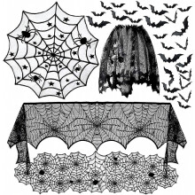 Ensemble de 5 nappes et chemins de table ronds en dentelle noire à motifs d'araignées et de toiles d'araignée, pour Halloween.