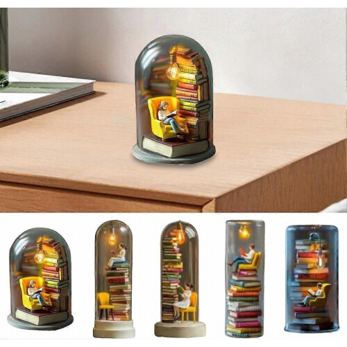 Reader Night Light, Mini Reading Nook Book Light Sculpture, Tiny Bookshelf Library Statue Lamp, Vintage Desk Book Lamp 1