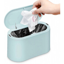Kleine universele prullenbak met drukknopdeksel voor op het bureau, geschikt voor keuken, slaapkamer, badkamer, kantoor, enz. (lichtbla