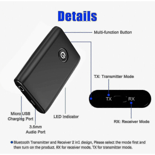 Bluetooth 5.0 Transmitter/receiver, 2-in-1 Wireless 3.5mm Audio Adapter (aptx Low Latency, 2 Devices Simultaneously 1