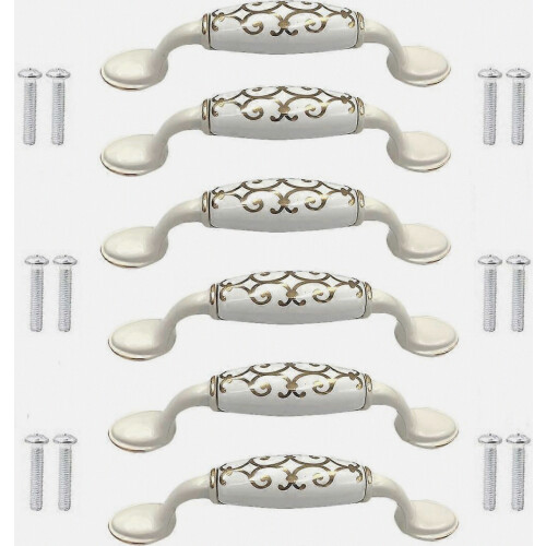 6pcs Ceramic Alloy Door Knobs Cabinet Cupboard Chinese Style White Handle