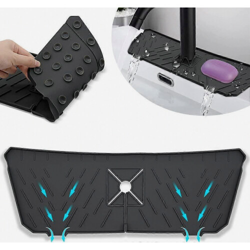 Faucet Sink Splash Guard Silicone Mat with Suction Cup, Kitchen Faucet Splash Pad(Black)