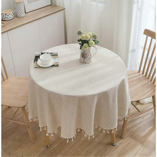 Solid Round Tablecloth with Tassels for Table Decoration(Round 60 Inch, Beige) 1